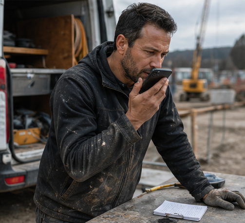 Vorarbeiter spricht auf der Baustelle ein Sprachmemo ins Handy