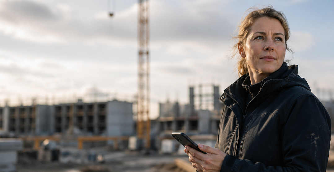 Bauleiterin mit Handy auf einer Baustelle als Aufmacherbild fuer das Skava Journal