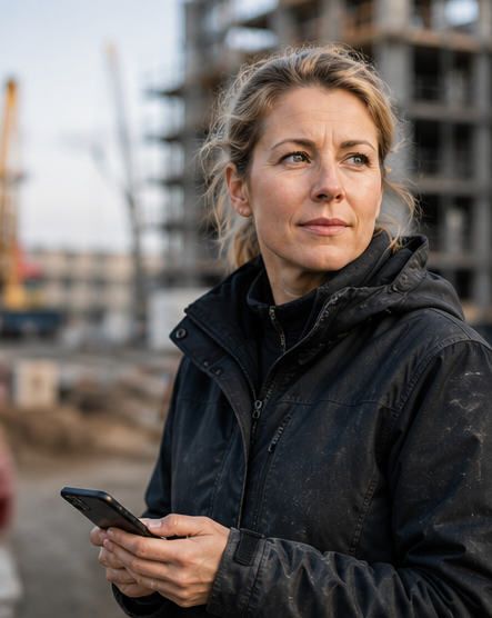 Bauleiterin blickt konzentriert ueber eine Baustelle und bewertet eine Situation