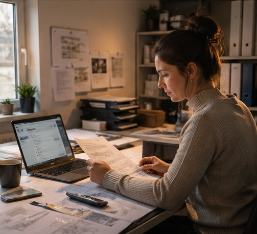 Mitarbeiterin im Buero arbeitet abends mit Unterlagen und Laptop an der Nachbereitung