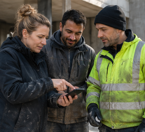 Team auf der Baustelle schaut gemeinsam auf ein Handy und prueft eine Abstimmung
